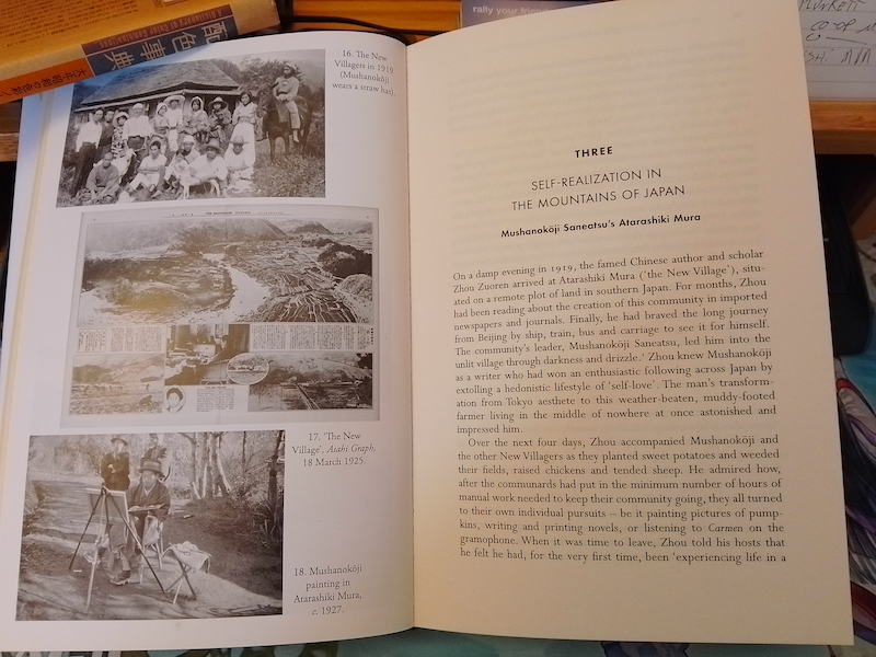 a photo of a two page spread. One page is with the book's text, the other one, with a set of black and white photographs.